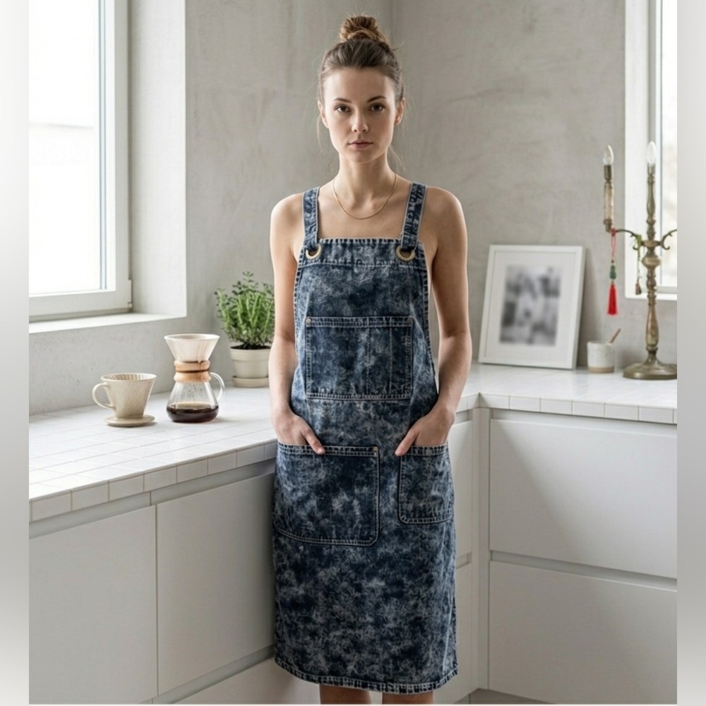 Jeanerlor Blue Acid Wash Denim Overalls Apron